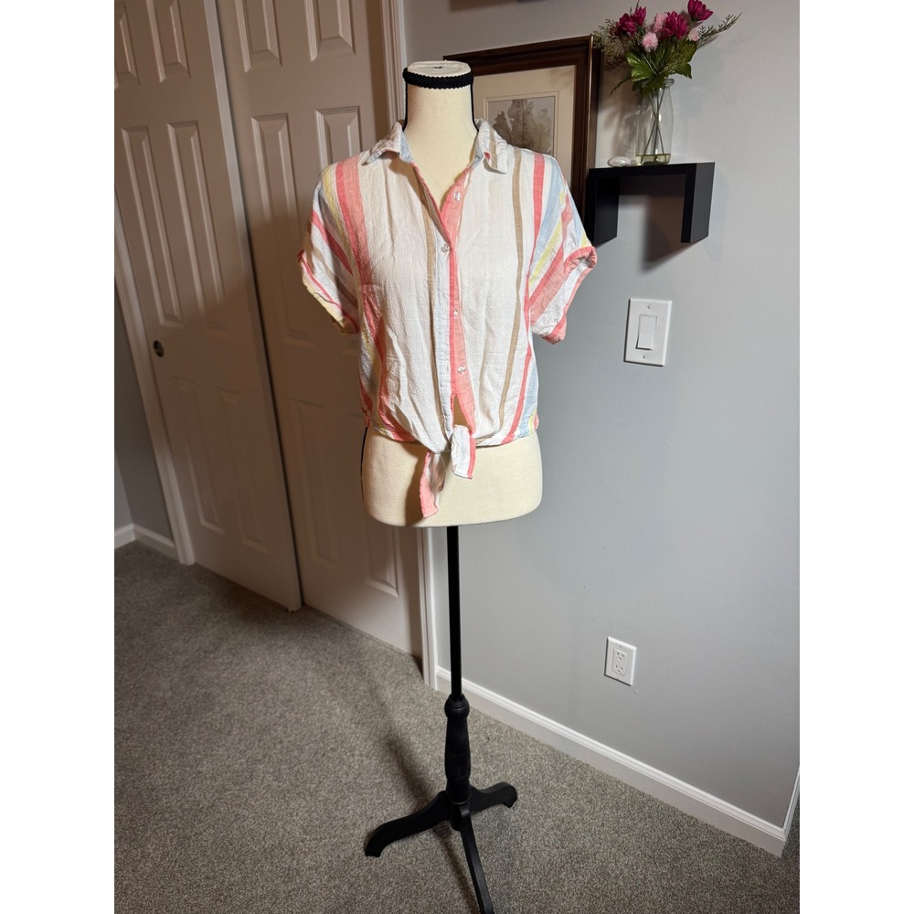 Mi Ami Women Striped Linen Blend Tie Front Button Down Shirt Multi Color Small